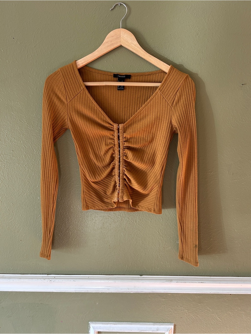 Ribbed Ruched Long-Sleeve Top in Mustard